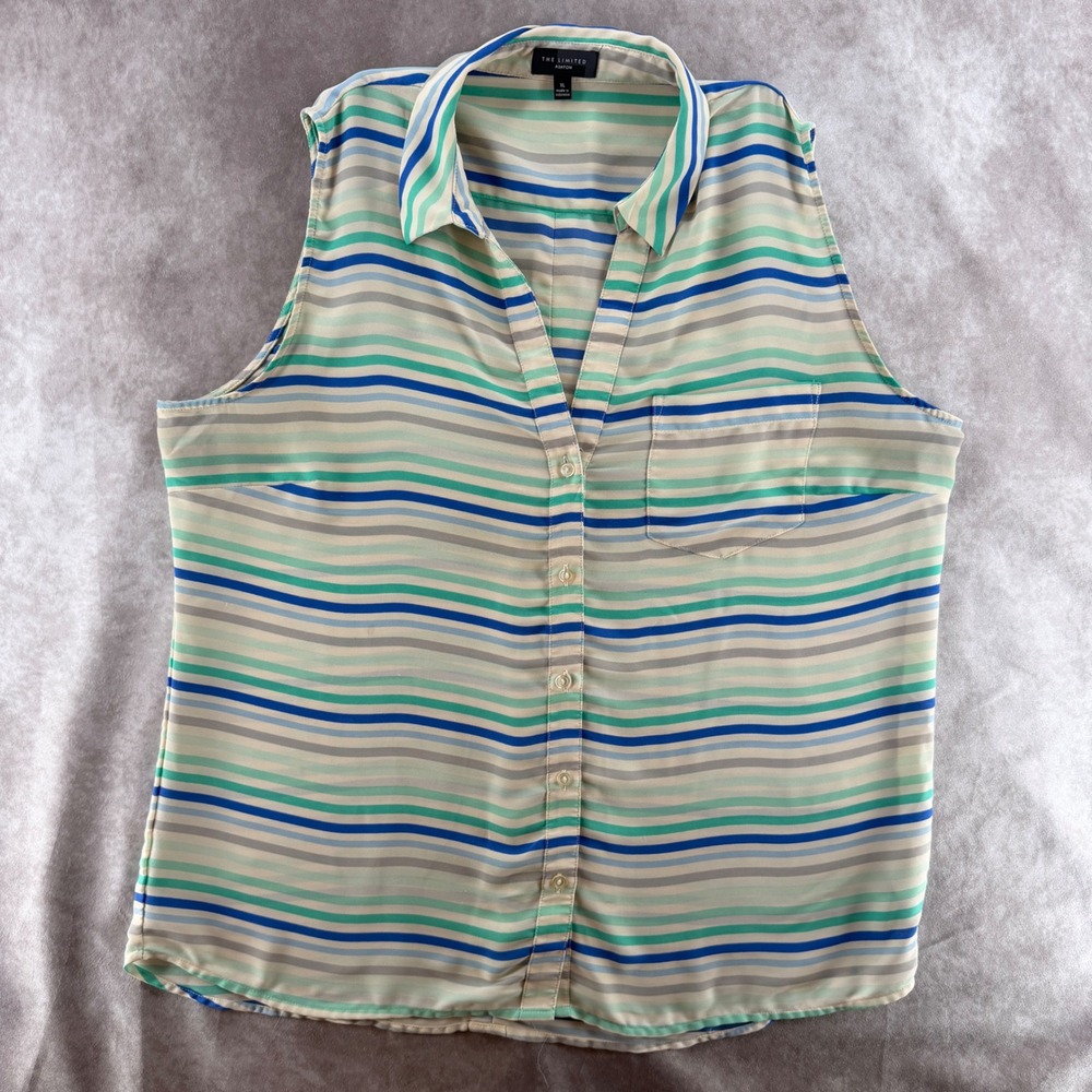 The Limited Ashton Sleeveless Striped Button Down Blouse Blue Green Tan XL
